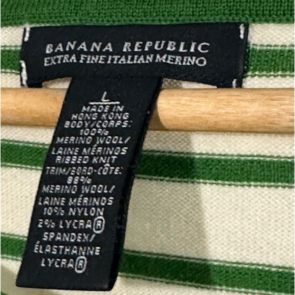 Y2K Banana Republic Extra Fine Italian Merino Stripe Sweater – Green & Cream, L - Picture 3 of 4